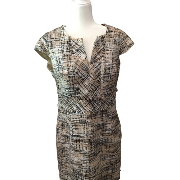 Ellen Tracy Beige & Navy Textured Cap Sleeve Dress Size 12 - Picture 3 of 8
